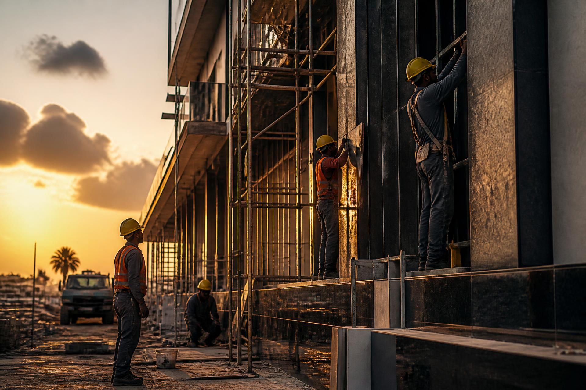 Ouvriers de Wade & Fils sur un chantier de bâtiment au coucher du soleil